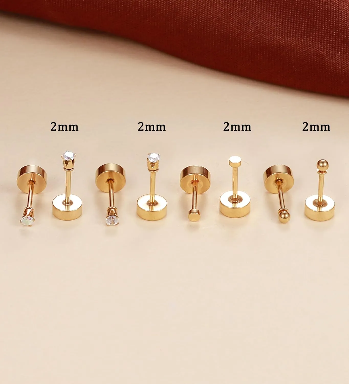 14K Gold Plated Small Stud Earrings for Men Women Stainless Steel CZ Cartilage FlatBack Nap Stud Earrings Set Ball Dot Hypoallergenic Tiny Earrings Piercing Studs 2MM