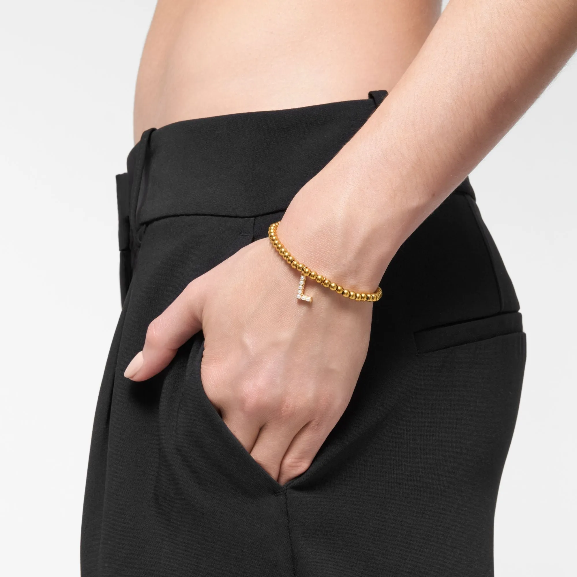 14k Gold Plated Stretch Bead Bracelet with Pearl Letter