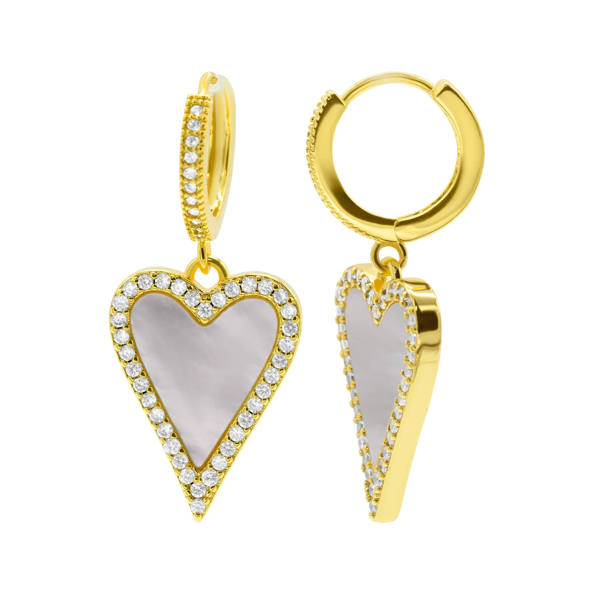 14K Gold Plated White Mother-of-Pearl Crystal Halo Heart Drop Huggie Earrings