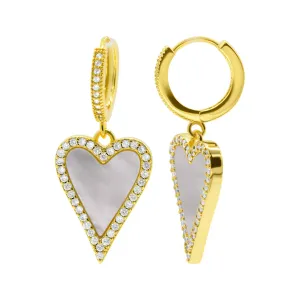 14K Gold Plated White Mother-of-Pearl Crystal Halo Heart Drop Huggie Earrings
