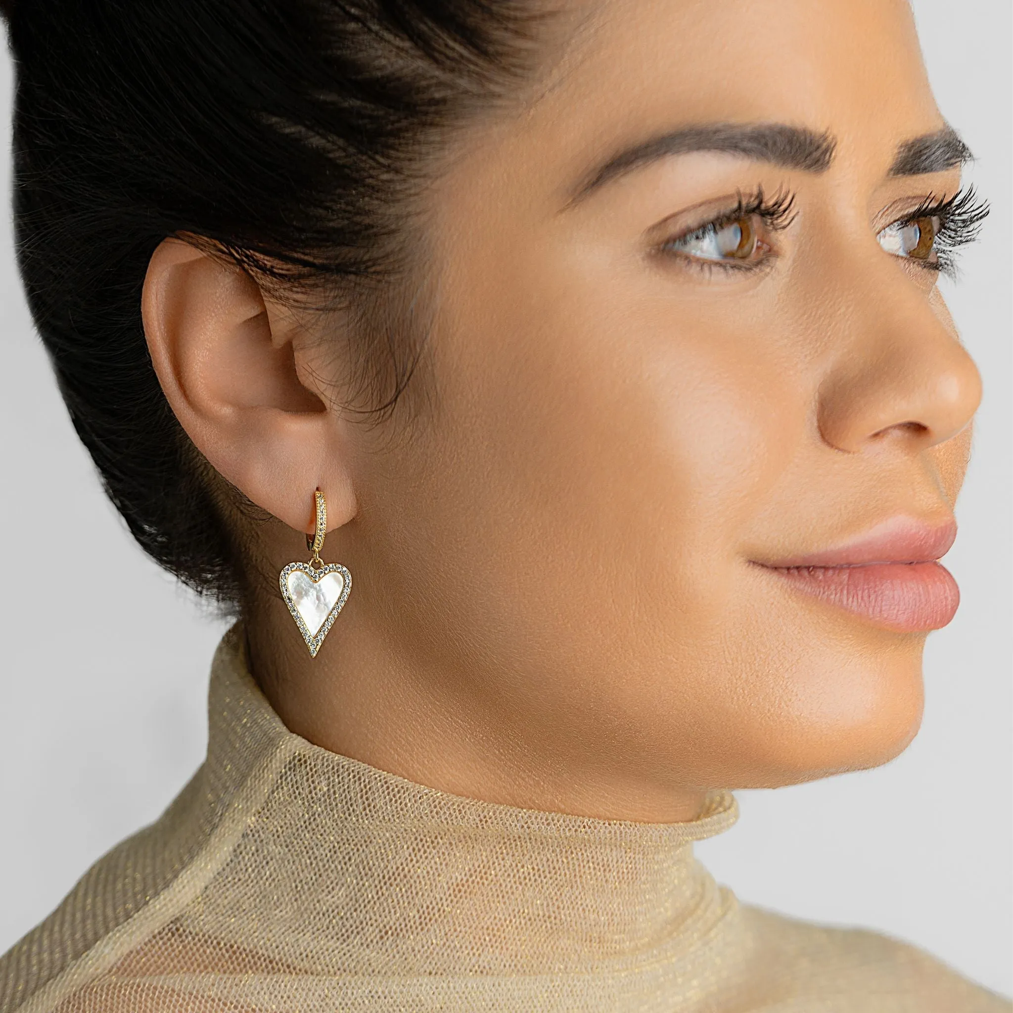 14K Gold Plated White Mother-of-Pearl Crystal Halo Heart Drop Huggie Earrings