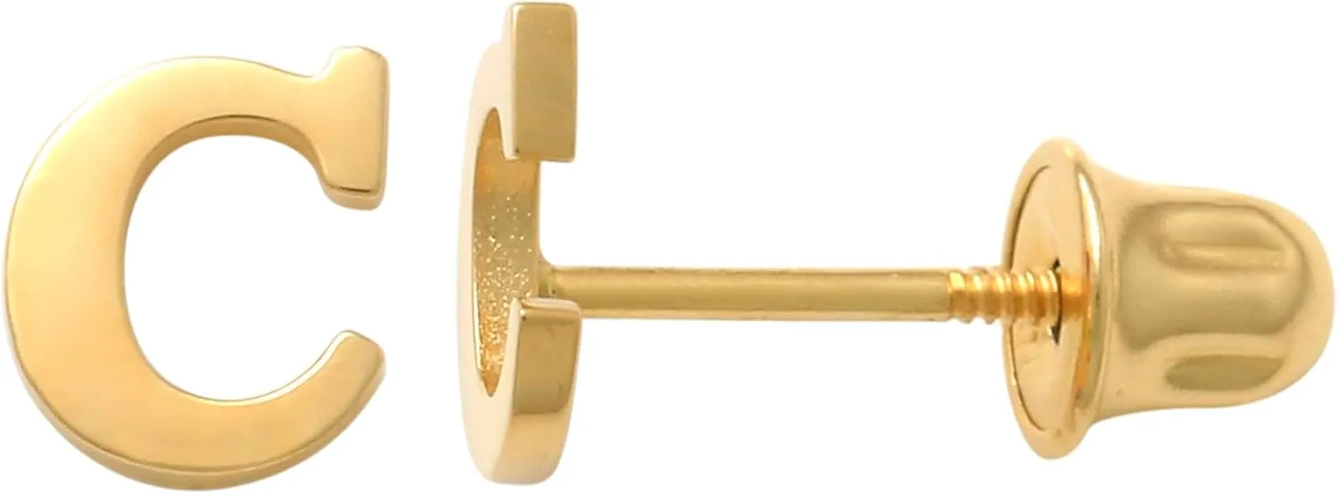 14K REAL Solid Gold Initial Stud Earrings – Post Earrings with Secure Screw Back – Ideal for multi Piercings - Perfect for Minimalist Design - Sold as a Pair