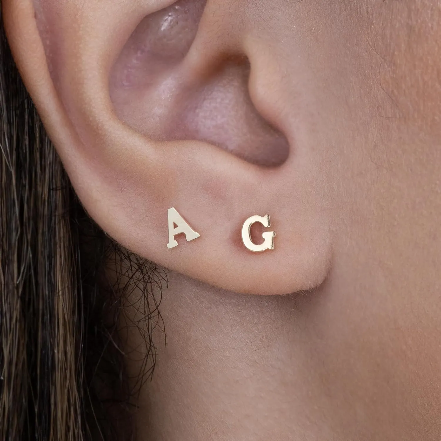 14K REAL Solid Gold Initial Stud Earrings – Post Earrings with Secure Screw Back – Ideal for multi Piercings - Perfect for Minimalist Design - Sold as a Pair