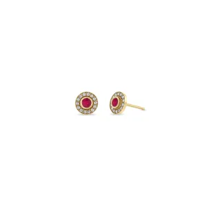 14k Round Ruby & Diamond Halo Studs