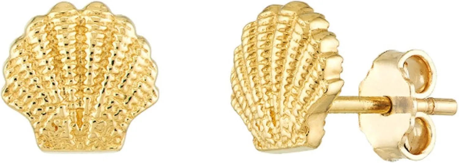 14K Solid Gold Seashell Earrings - Dainty Yellow Real Gold Shell Stud Earrings - Minimalist Gold Studs For Women