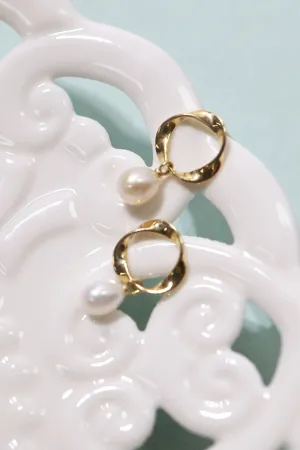 14k Solid Gold Twisted Ring Pearl Drop Earring