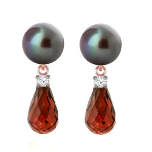 14K Solid Rose Gold Stud Earrings w/ Diamonds, Garnet & Black Pearl