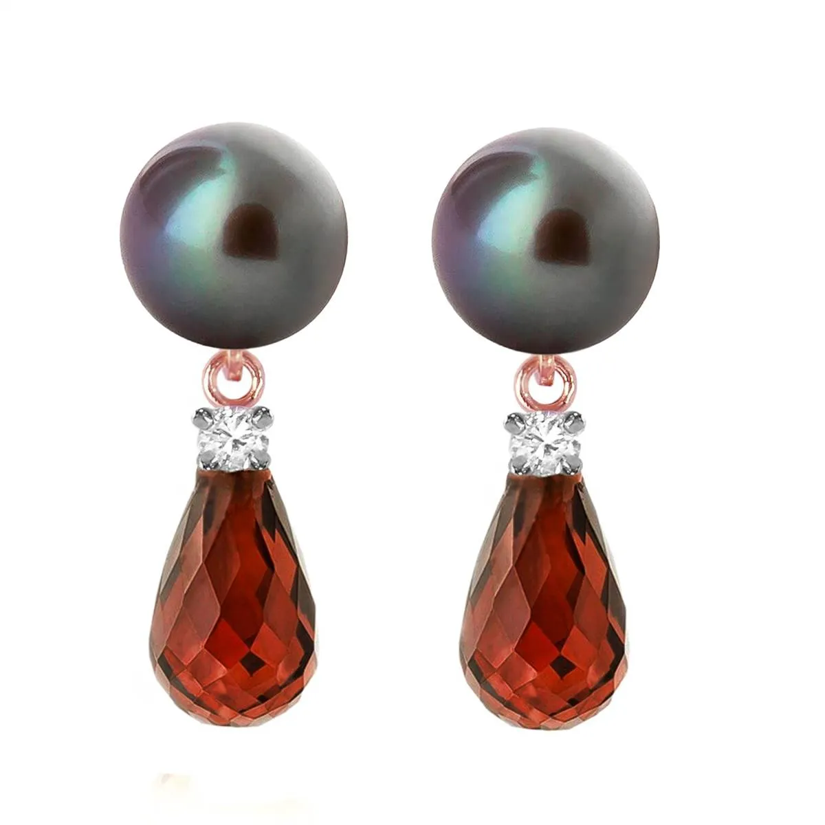 14K Solid Rose Gold Stud Earrings w/ Diamonds, Garnet & Black Pearl