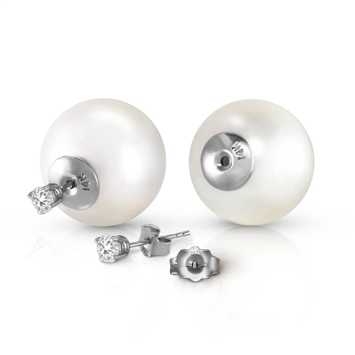 14K Solid White Gold Stud 0.40 Carat Natural Diamonds Earrings w/ White Shell Pearls