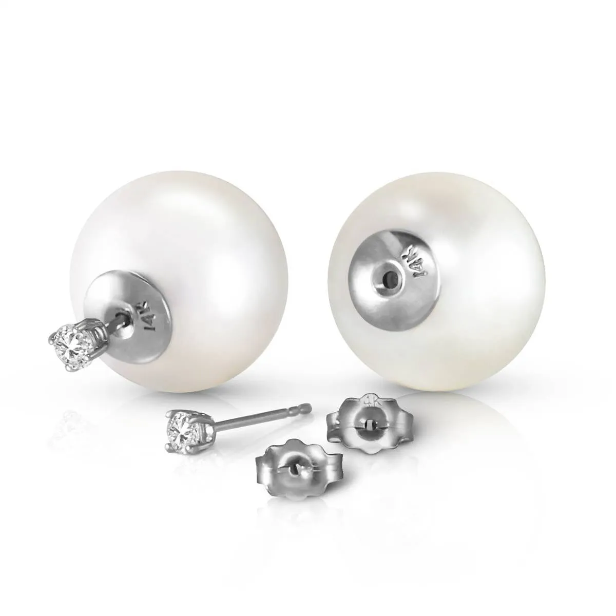 14K Solid White Gold Stud 0.40 Carat Natural Diamonds Earrings w/ White Shell Pearls