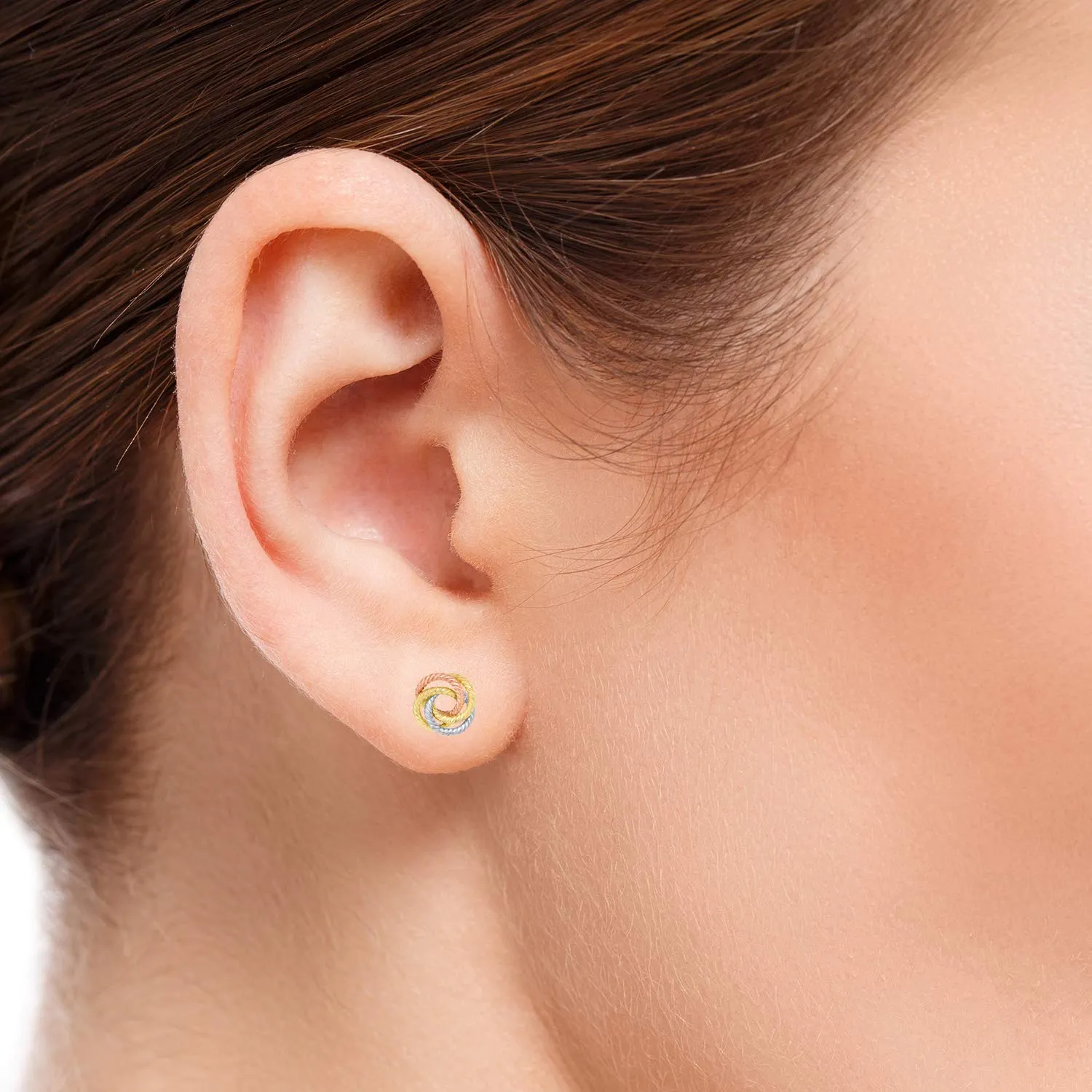 14K Tri-Color Gold Twisted Love Knot Stud Rope Earrings, 9mm