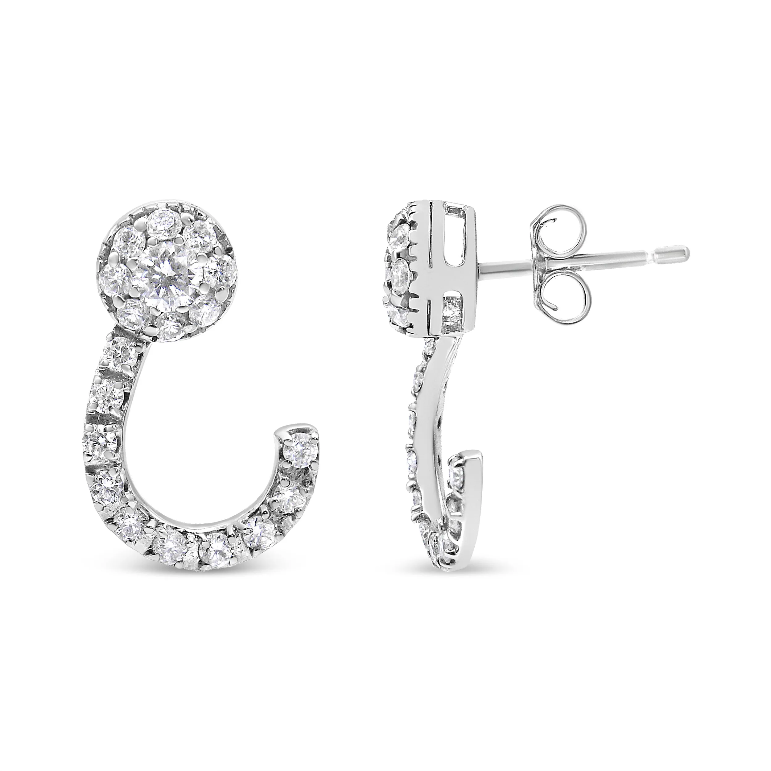 14K White Gold 1.00 Cttw Round-Cut Diamond Curved Cluster Drop Stud Earrings