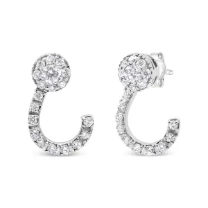 14K White Gold 1.00 Cttw Round-Cut Diamond Curved Cluster Drop Stud Earrings