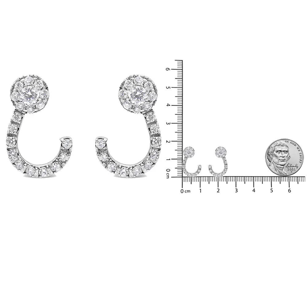 14K White Gold 1.00 Cttw Round-Cut Diamond Curved Cluster Drop Stud Earrings