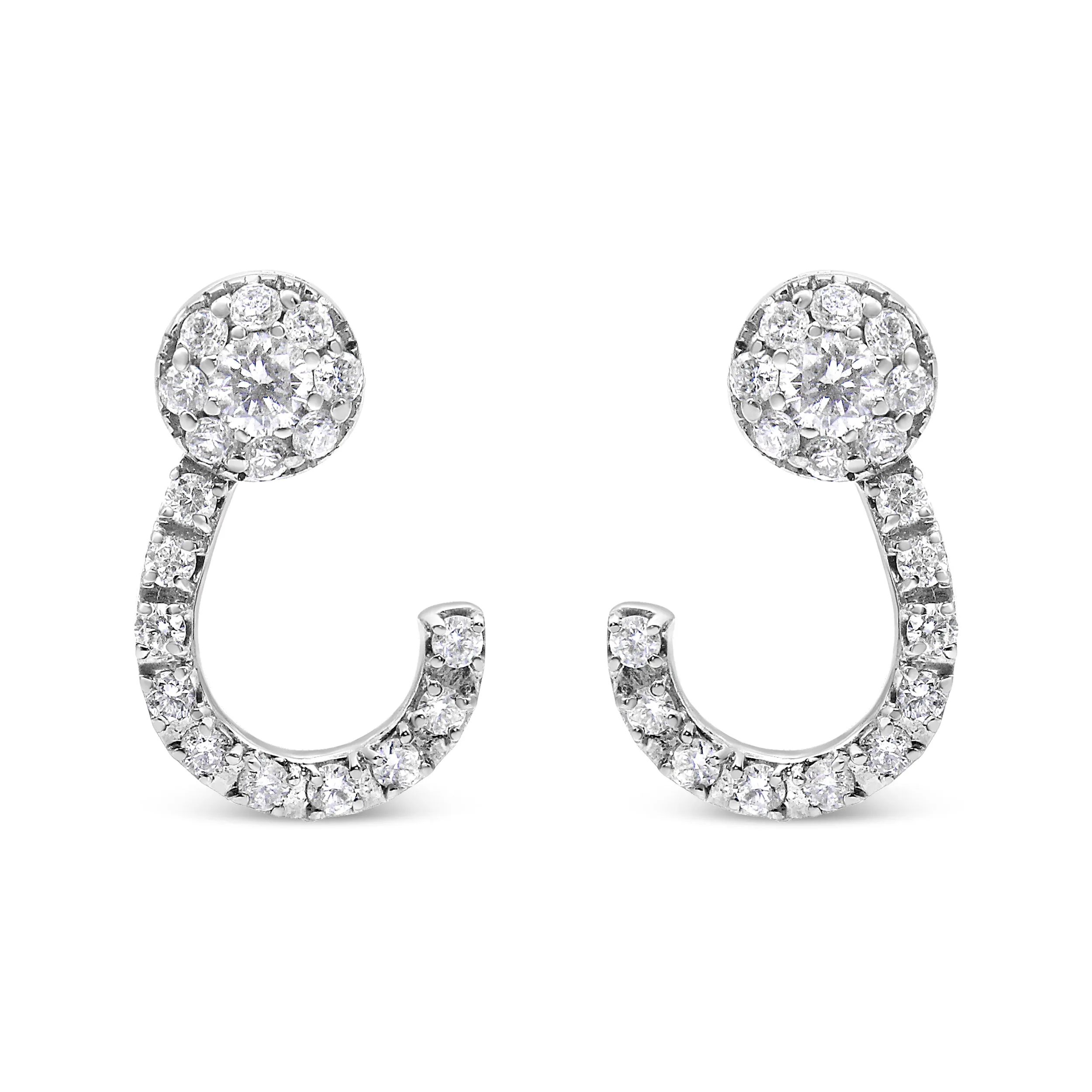 14K White Gold 1.00 Cttw Round-Cut Diamond Curved Cluster Drop Stud Earrings