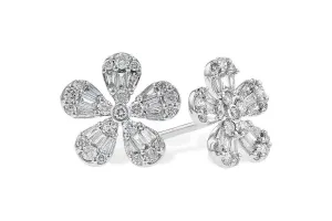 14K White Gold Baguette And Round Diamond Flower Studs (.50ctw)