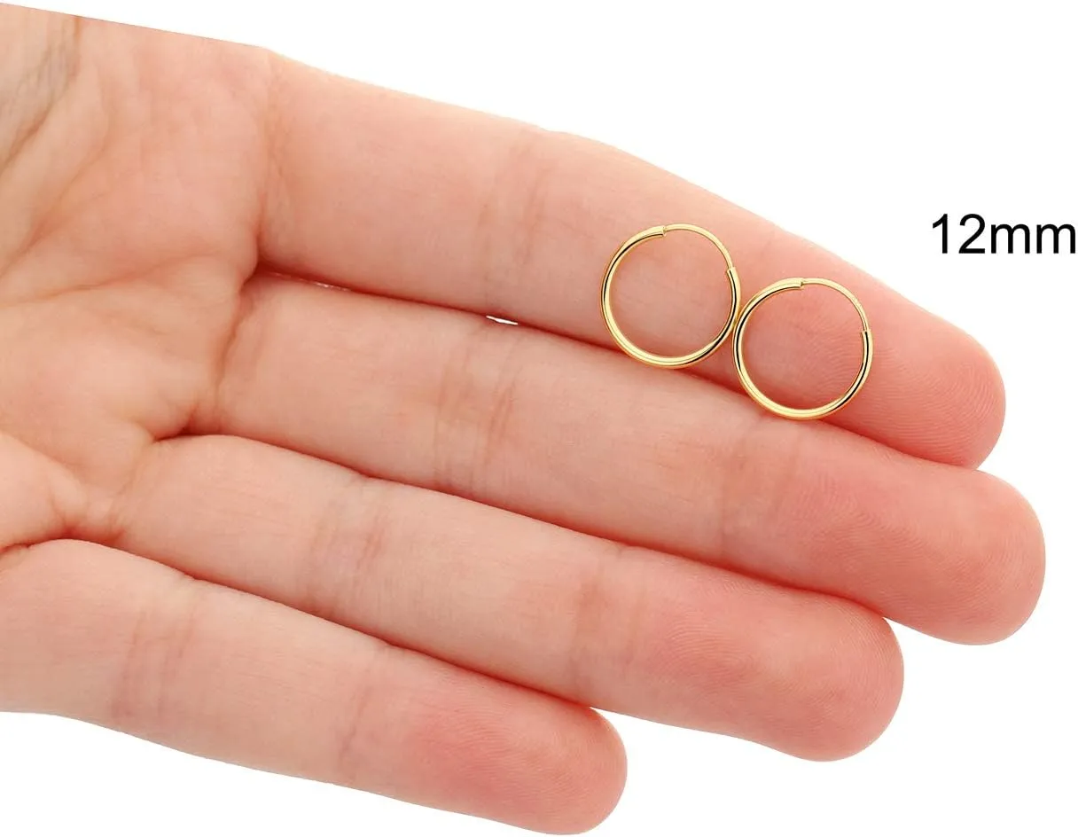 14k Yellow Gold Endless Hoop Earrings Round Flexible Thin Small little Continuous Real Pure Gold Hoops