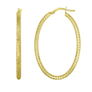 14K Yellow Gold Hanging Shiny Open Square Textured Open Oval Drop Earring