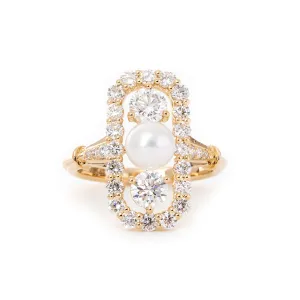 14K Yellow Gold Seawater Cultured Pearl &amp; Round Diamond Side Stone Statement Ring