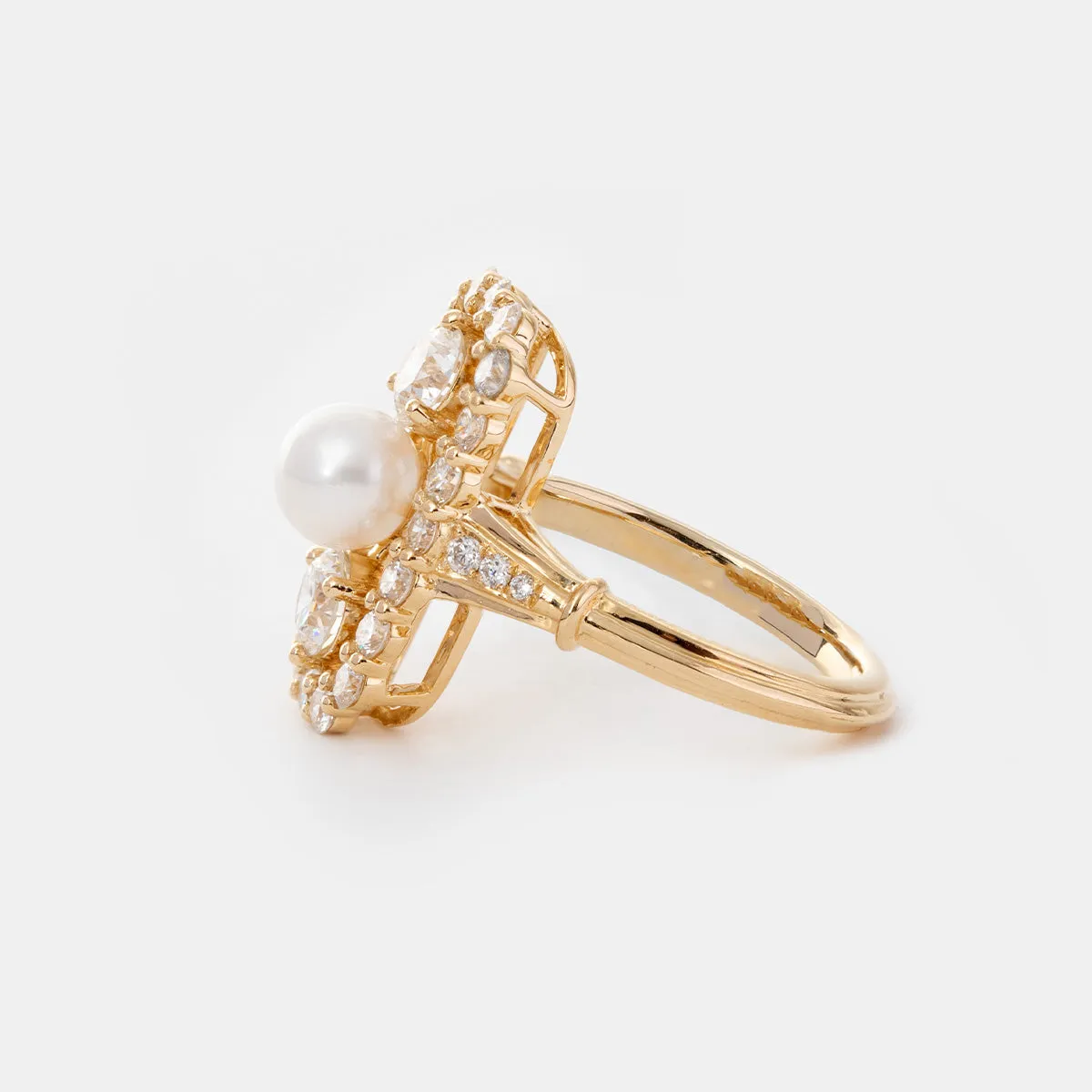14K Yellow Gold Seawater Cultured Pearl &amp; Round Diamond Side Stone Statement Ring