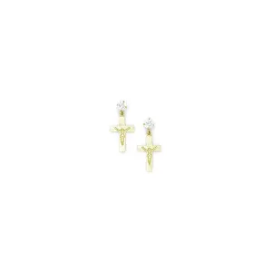 14kt Yellow Gold CZ Dangle Religious Cross Stud Earrings