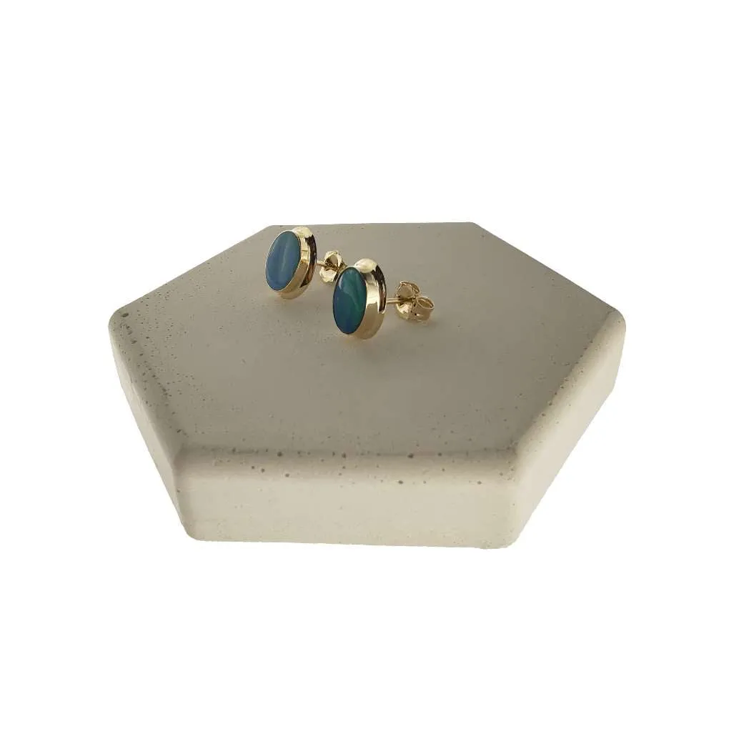 14kt yellow gold stud style black opal earrings