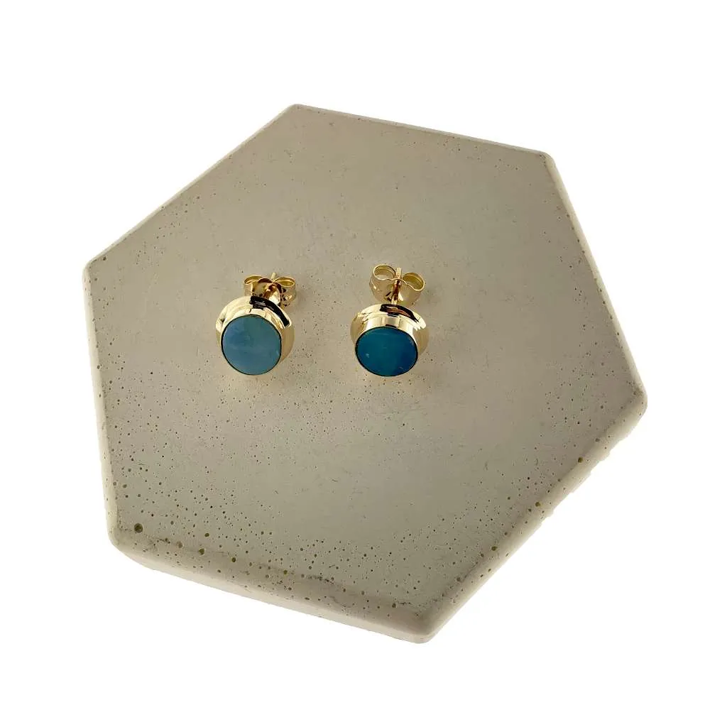 14kt yellow gold stud style black opal earrings