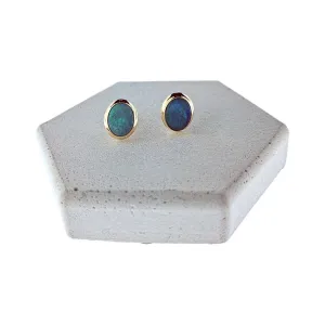 14kt yellow gold stud style black opal earrings