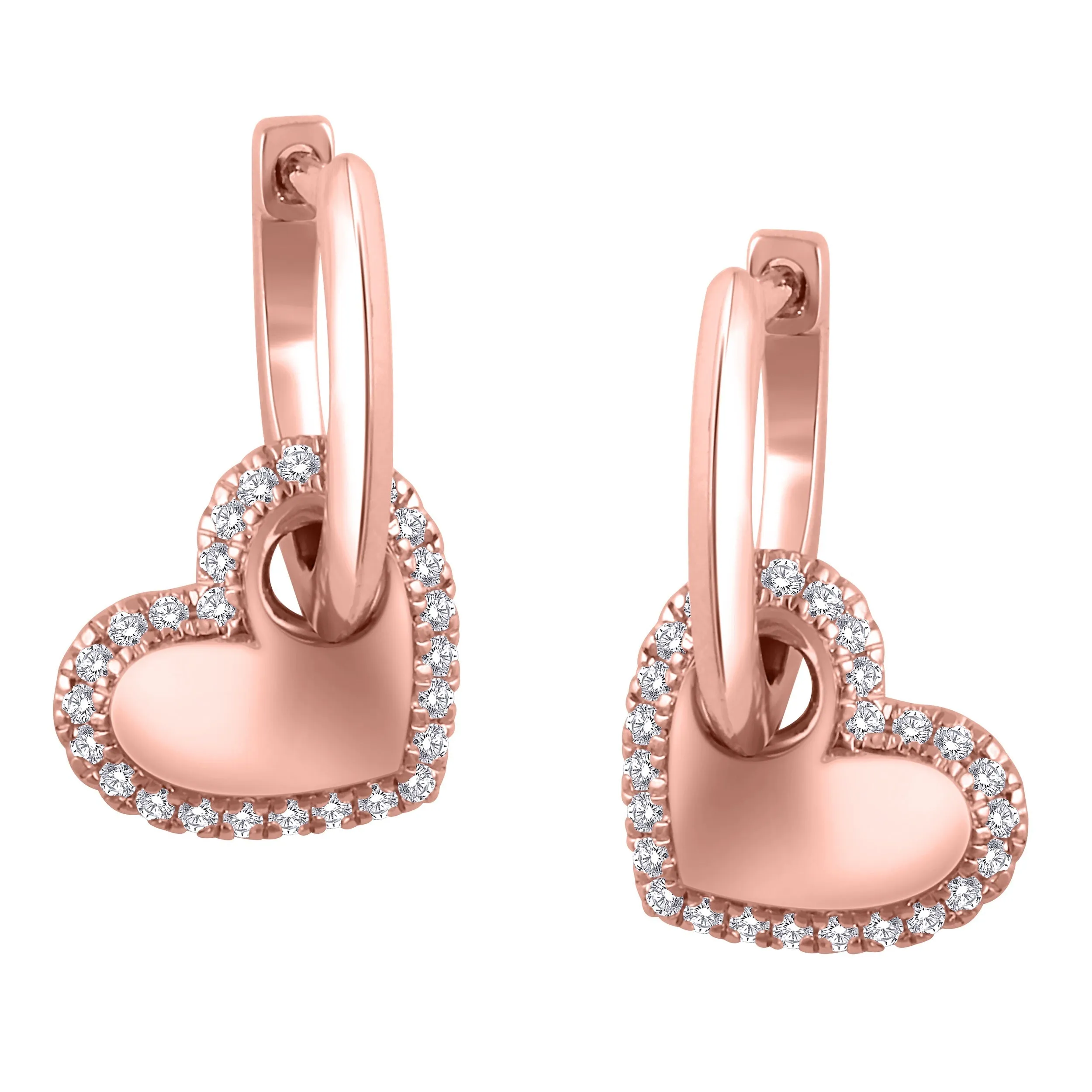 1/5 Cttw Hoop with Diamond Heart Dangle Earrings in 10K Rose Gold