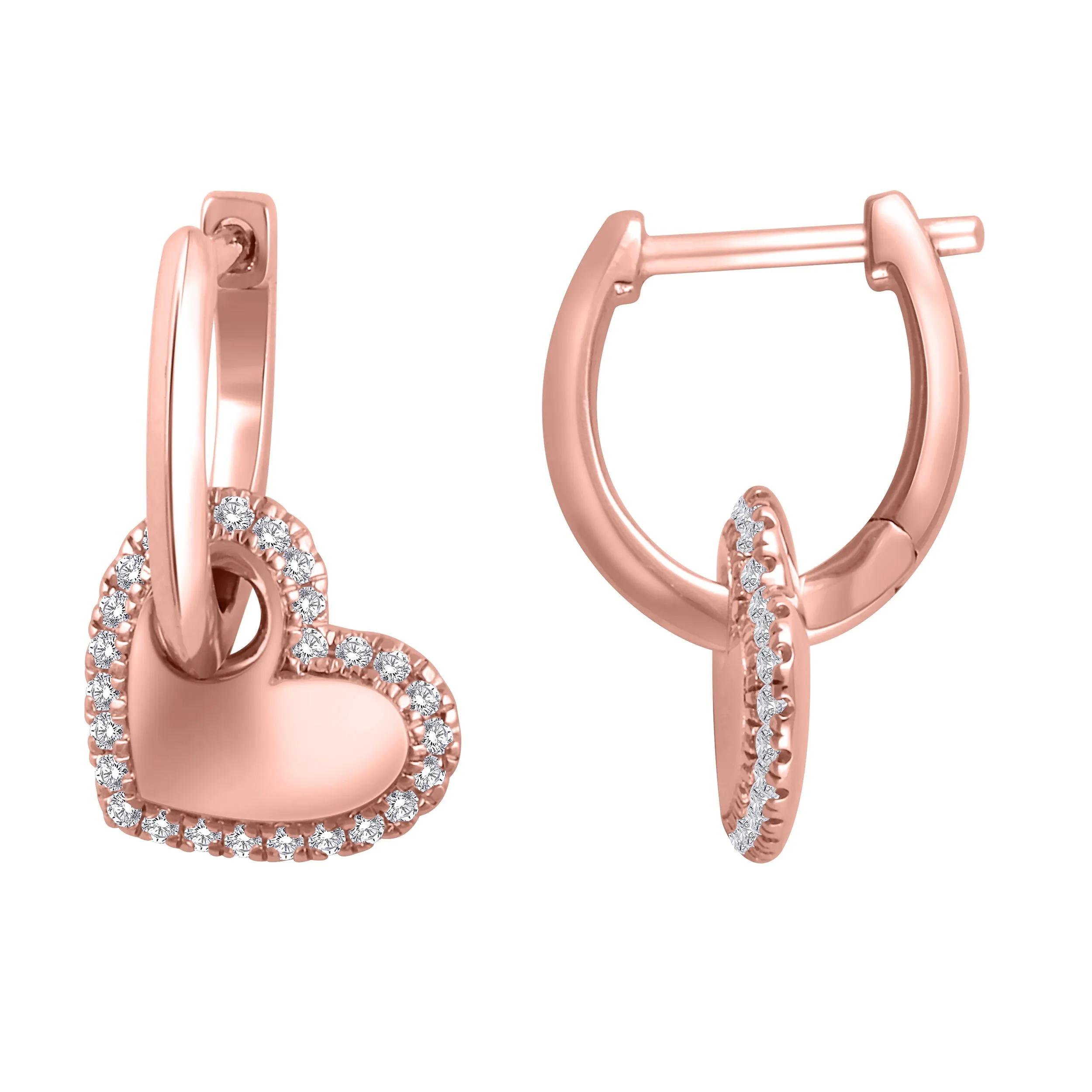 1/5 Cttw Hoop with Diamond Heart Dangle Earrings in 10K Rose Gold