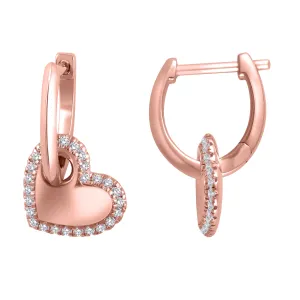 1/5 Cttw Hoop with Diamond Heart Dangle Earrings in 10K Rose Gold