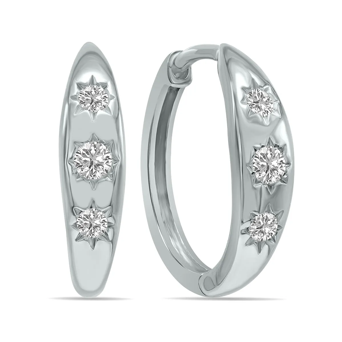 1/5 Ctw Three Stone Lab Grown Diamond Huggies Hoop Earrings In 10K White Gold (F-G Color, Vs1- Vs2 Clarity)
