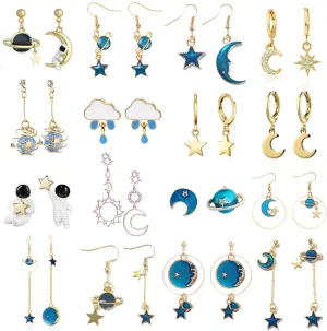 16 Pairs Moon Star Earrings for Women Dangle Earth Planet Asymmetrical Drop Earrings Astronaut Spaceman Stud Earrings Jewelry