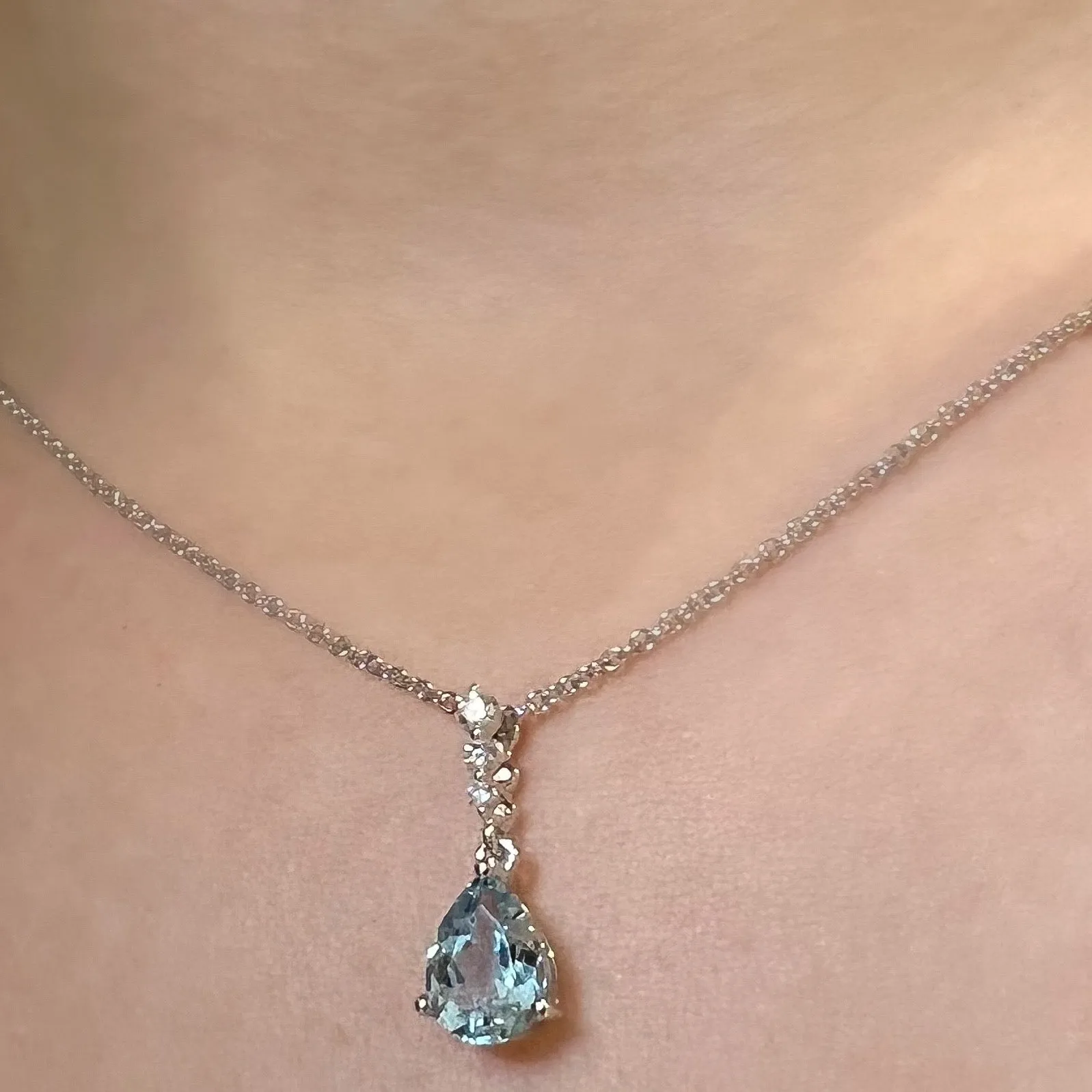 18ct White Gold 1.21ct Pear Cut Blue Topaz and Diamond Pendant