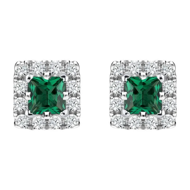 18ct White Gold Emerald Diamond Princess Cut Cluster Stud Earrings D