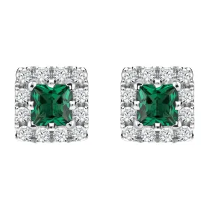 18ct White Gold Emerald Diamond Princess Cut Cluster Stud Earrings D