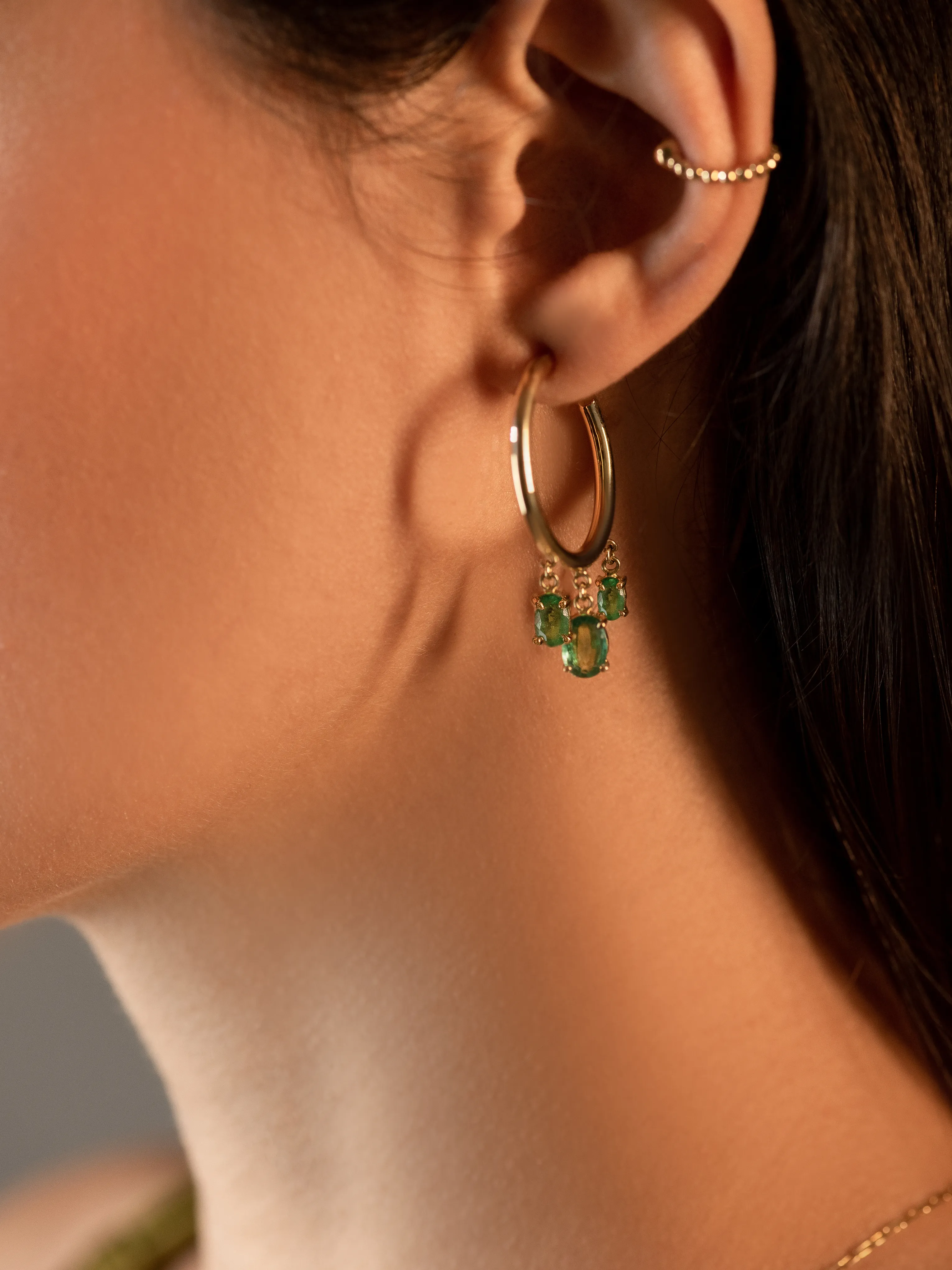 18K Gold and Emerald Hoop Earrings