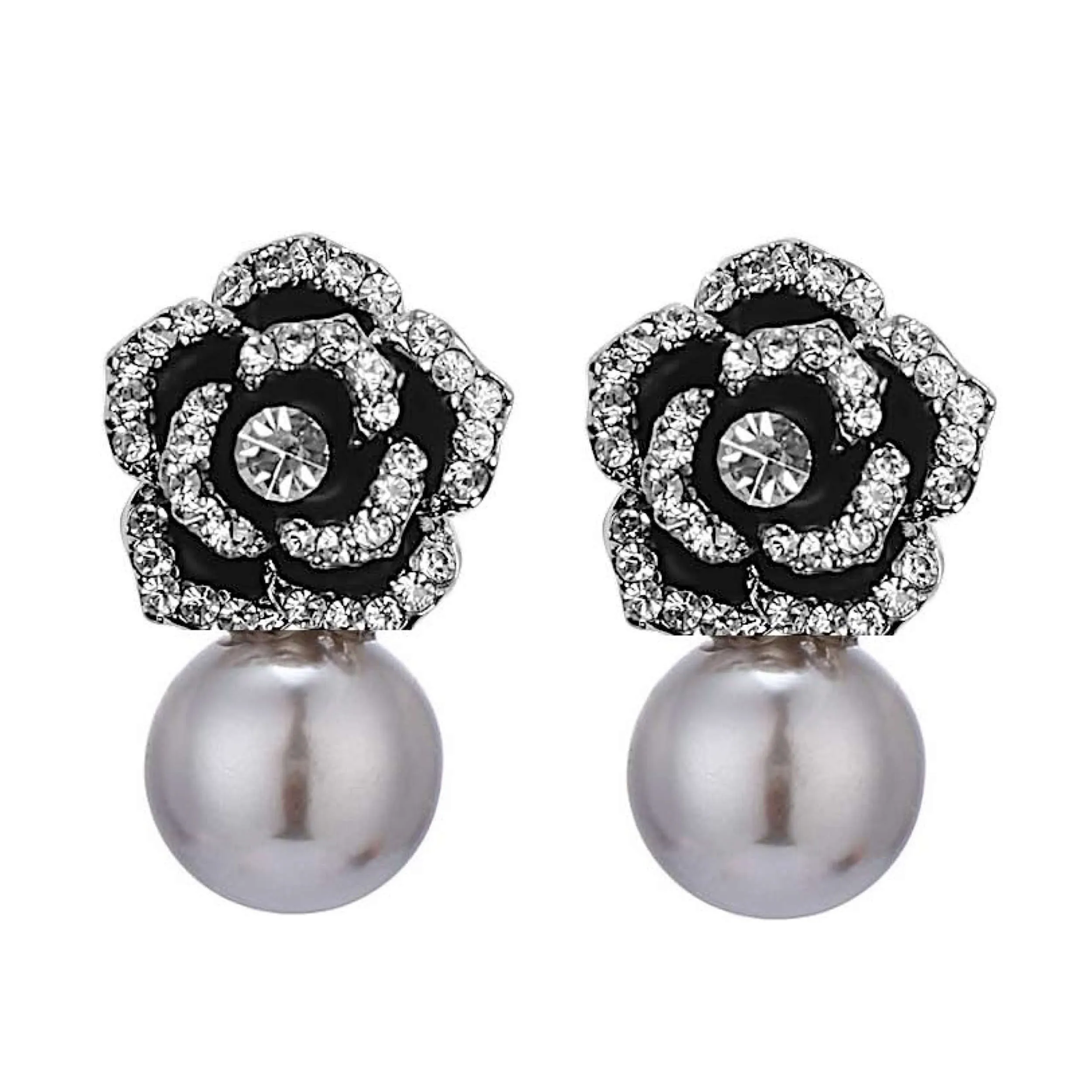 18K Gold Black Rose Embellished Pearl Drop Earrings
