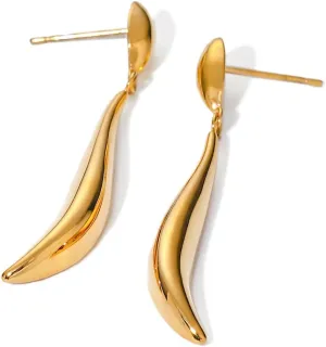 18k Gold Drop Earrings for Women, Stainless Steel, Glossy Slim Water Drop Dangle, Minimalist Irregular, Hypoallergenic Jewelry Gift