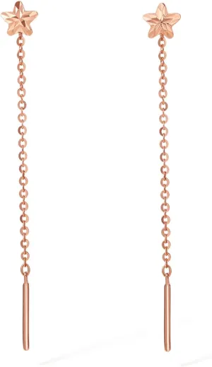 18K Gold Earrings for Women Star Threader Earring Dangle 750 Rose Gold Tassel Jewelry Drop Long Chain Earrings Hypoallergenic Lightweight Dainty Trendy Fashion Minimalist Statement Gift