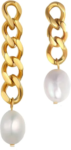 18k Gold Plated Chunky Asymmetrical Chain Link Drop Dangle Earrings Cuban Minimalist Hypoallergenic Pearl Dangling Earrings for Women