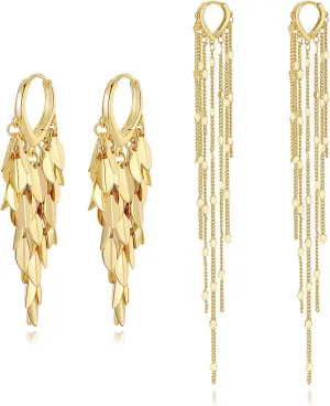 18K Gold Plated Leaf Hoop Earrings for Women, Long Tassel Dangle Drop Earrings, Chunky Gold Chandelier Earrings,Statement Fringe Earrings, Elegant Sparkly Hanging Earrings for Prom