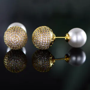 18K Gold Plated Pearl and Swarovski Crystal Ball Front-Back Earrings