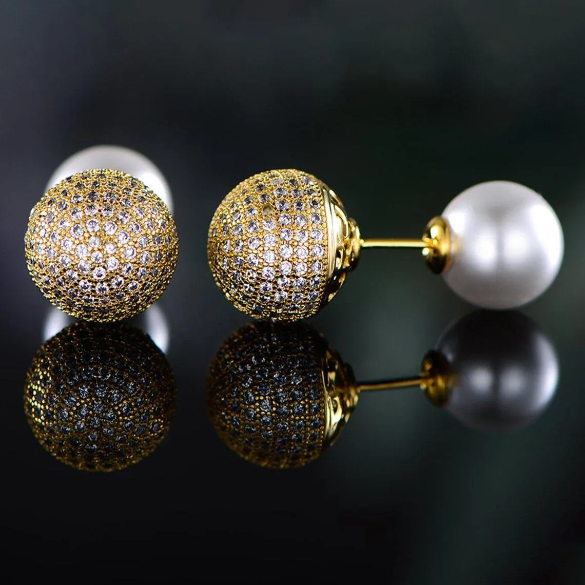 18K Gold Plated Pearl and Swarovski Crystal Ball Front-Back Earrings