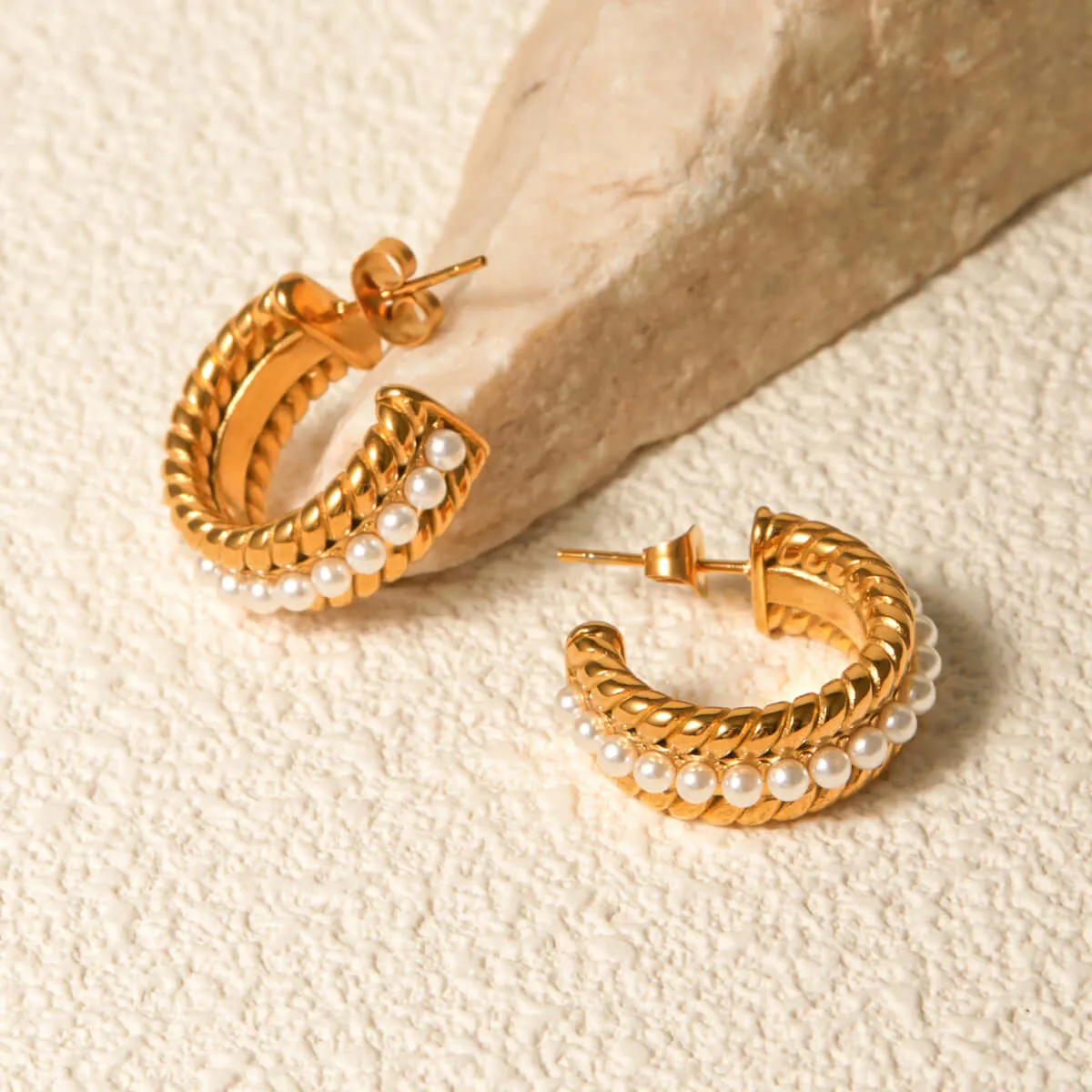 18K Gold Plated Stainless Steel Pearl C-Hoop Earrings