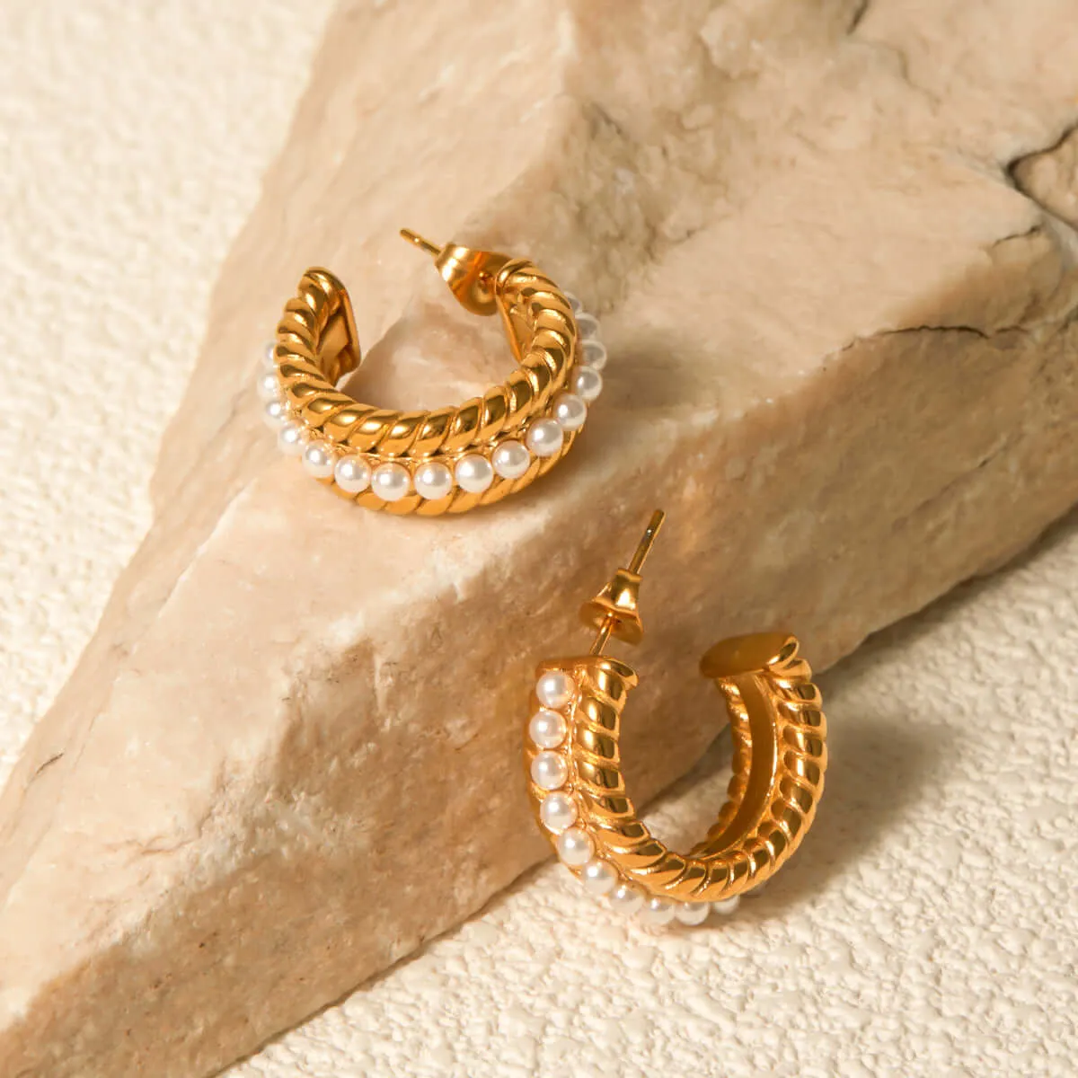 18K Gold Plated Stainless Steel Pearl C-Hoop Earrings