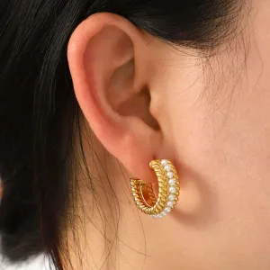 18K Gold Plated Stainless Steel Pearl C-Hoop Earrings