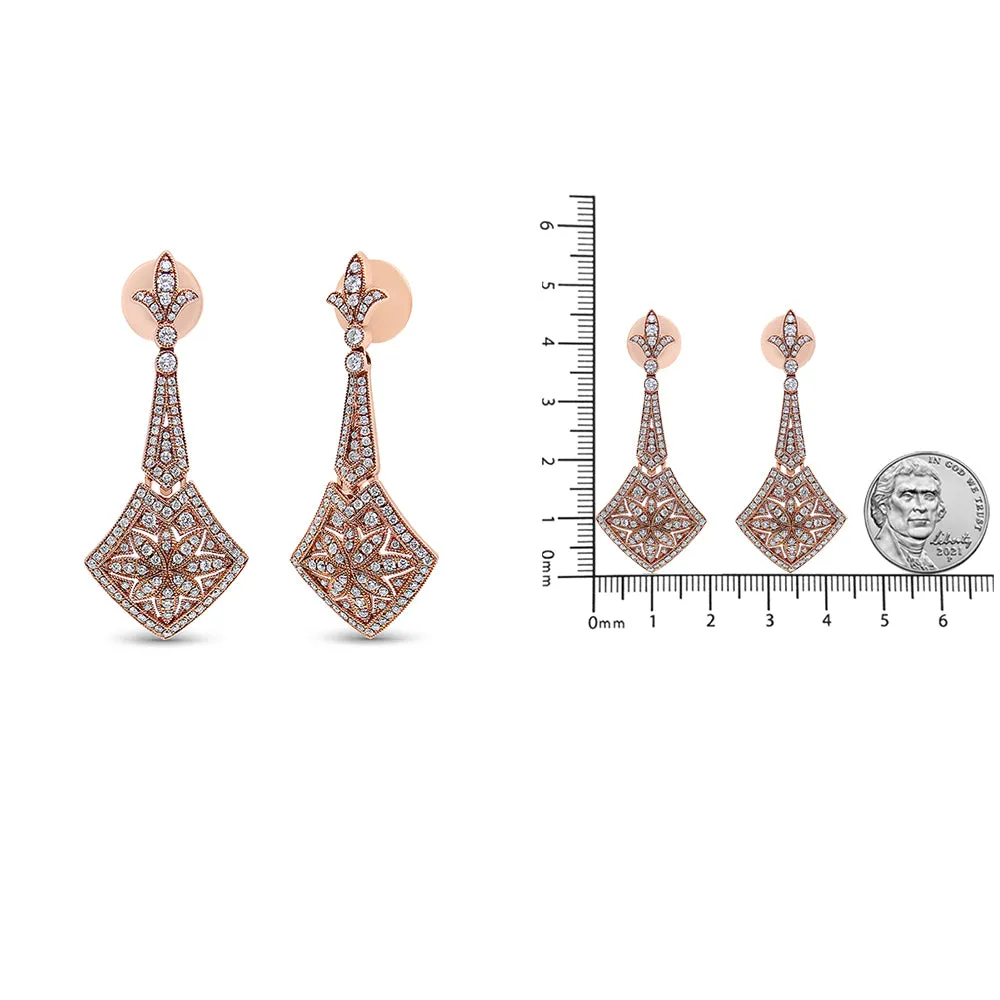 18K Rose Gold 1 1/3 Cttw Diamond Studded Fleur De Lis Trellis Style Drop and Dangle Earring