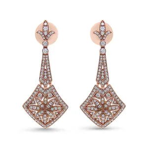 18K Rose Gold 1 1/3 Cttw Diamond Studded Fleur De Lis Trellis Style Drop and Dangle Earring