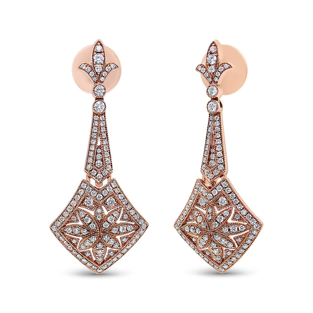 18K Rose Gold 1 1/3 Cttw Diamond Studded Fleur De Lis Trellis Style Drop and Dangle Earring